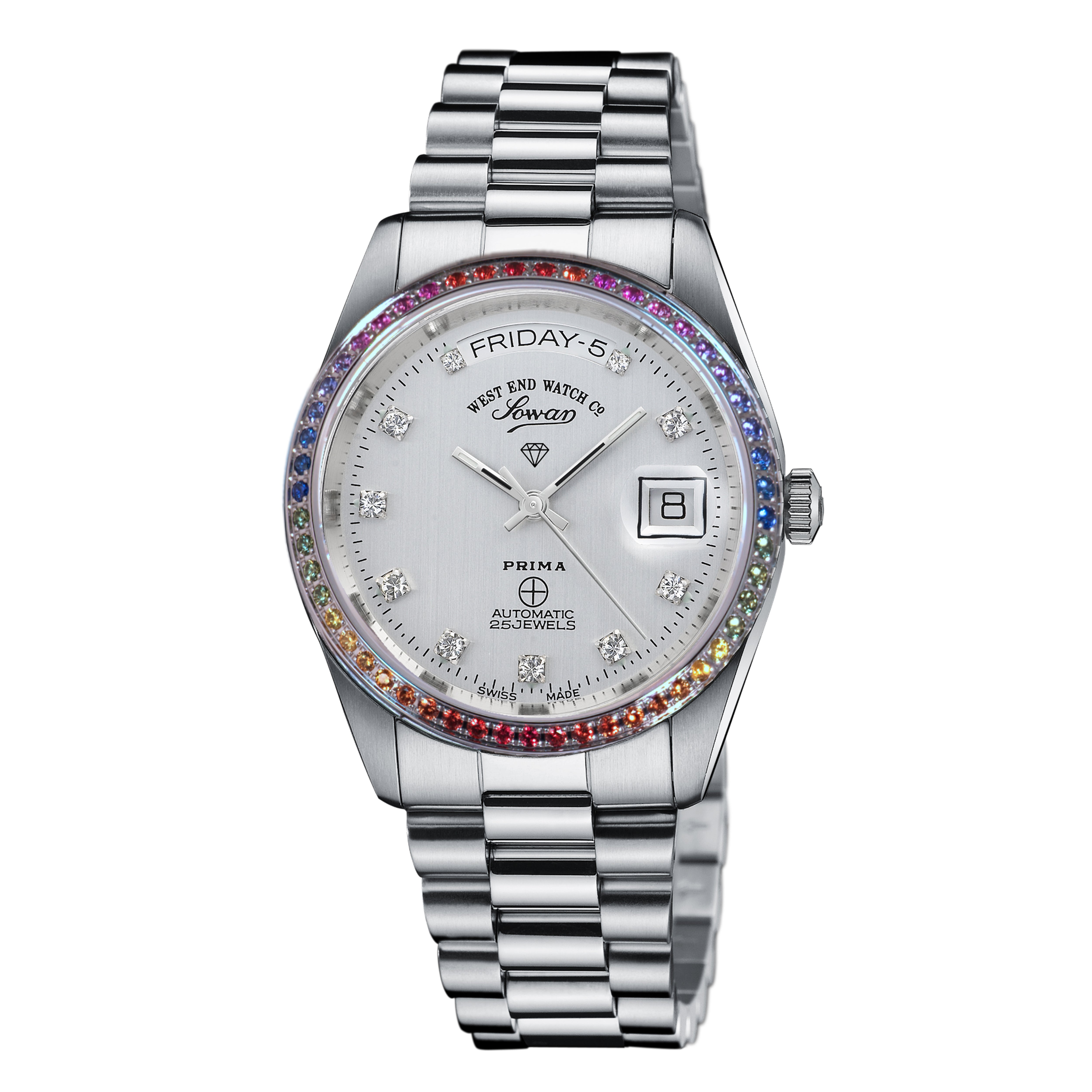 THE CLASSICS 37 - SILVER DIAL W/10 DIAMONDS + 52 MULTI COLOURED SAPPHIRES