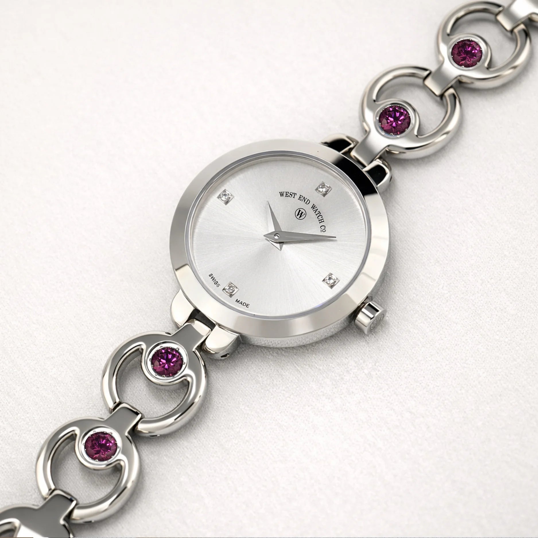 CHAND - SILVER SUNRAY DIAL WITH 4 DIAMONDS + 4 RHODOLITE GEMSTONES