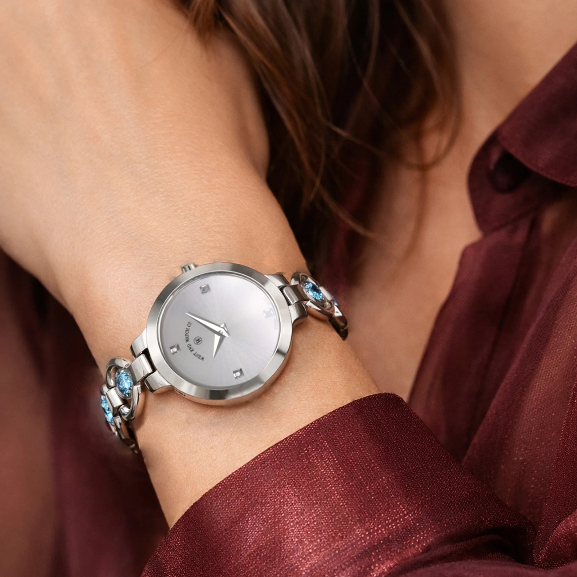 CHAND - SILVER SUNRAY DIAL WITH 4 DIAMONDS + SWISS BLUE TOPAZ
