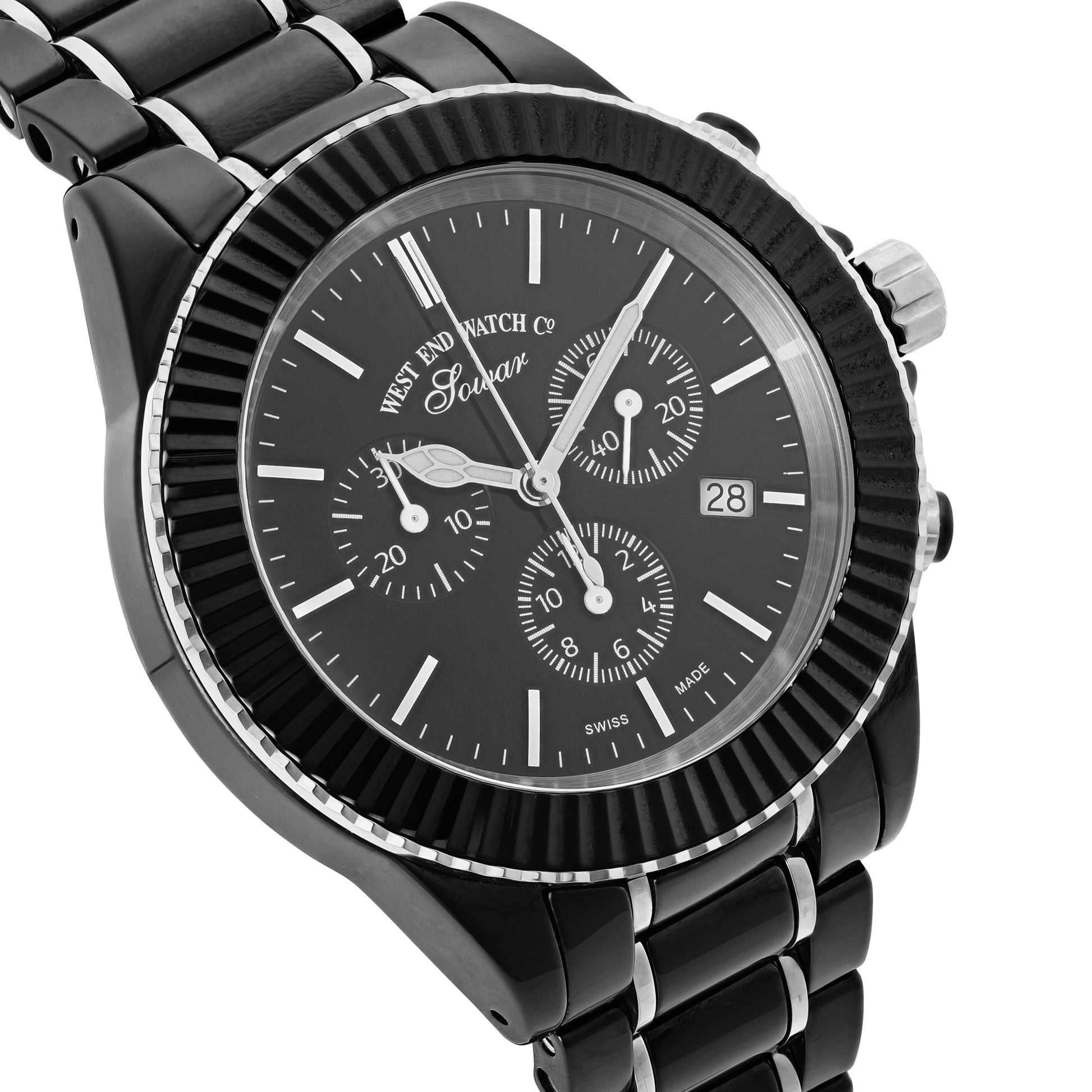 CERAMIC QUARTZ CHRONO - BLACK DIAL WITH SILVER INDICES