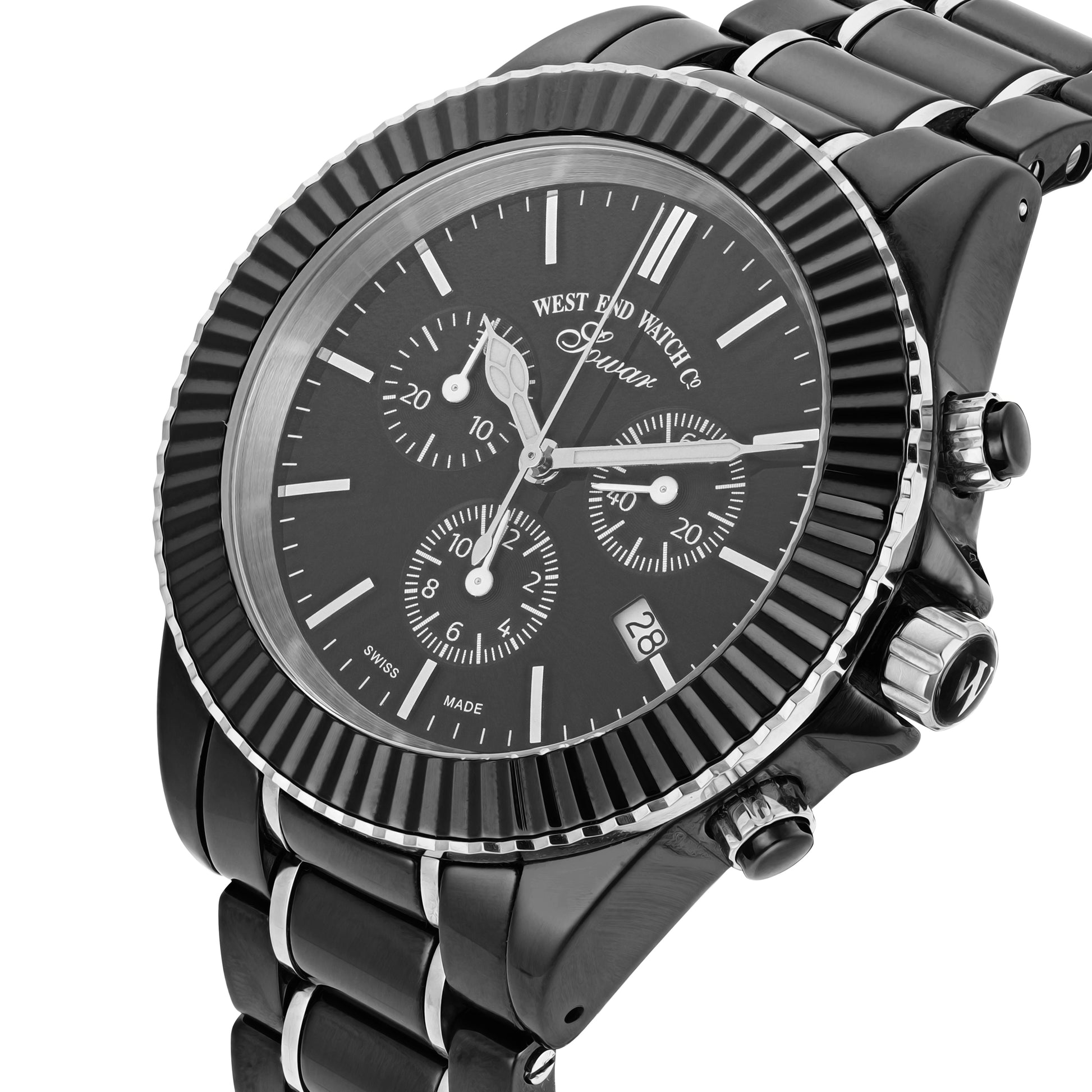 CERAMIC QUARTZ CHRONO - BLACK DIAL WITH SILVER INDICES