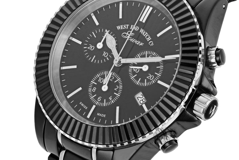 CERAMIC QUARTZ CHRONO - BLACK DIAL WITH SILVER INDICES