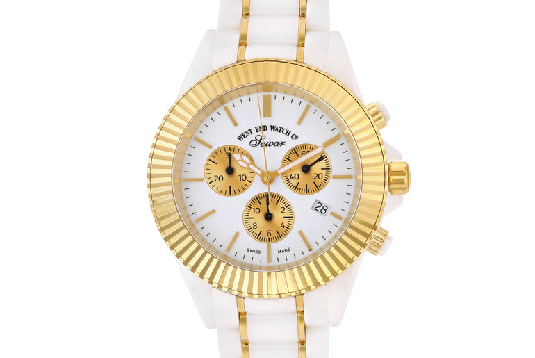 CERAMIC QUARTZ CHRONO - WHITE DIAL WITH GOLD INDICES