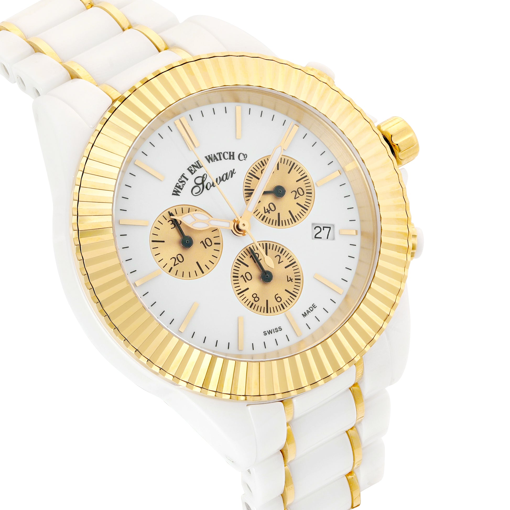 CERAMIC QUARTZ CHRONO - WHITE DIAL WITH GOLD INDICES