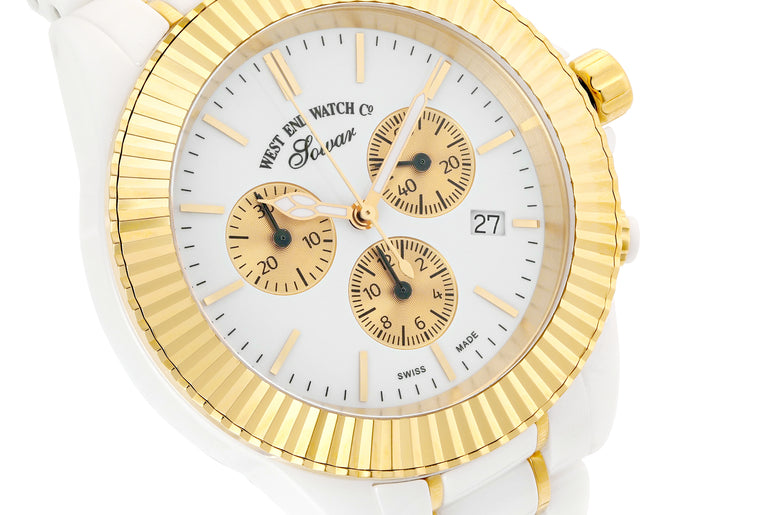 CERAMIC QUARTZ CHRONO - WHITE DIAL WITH GOLD INDICES