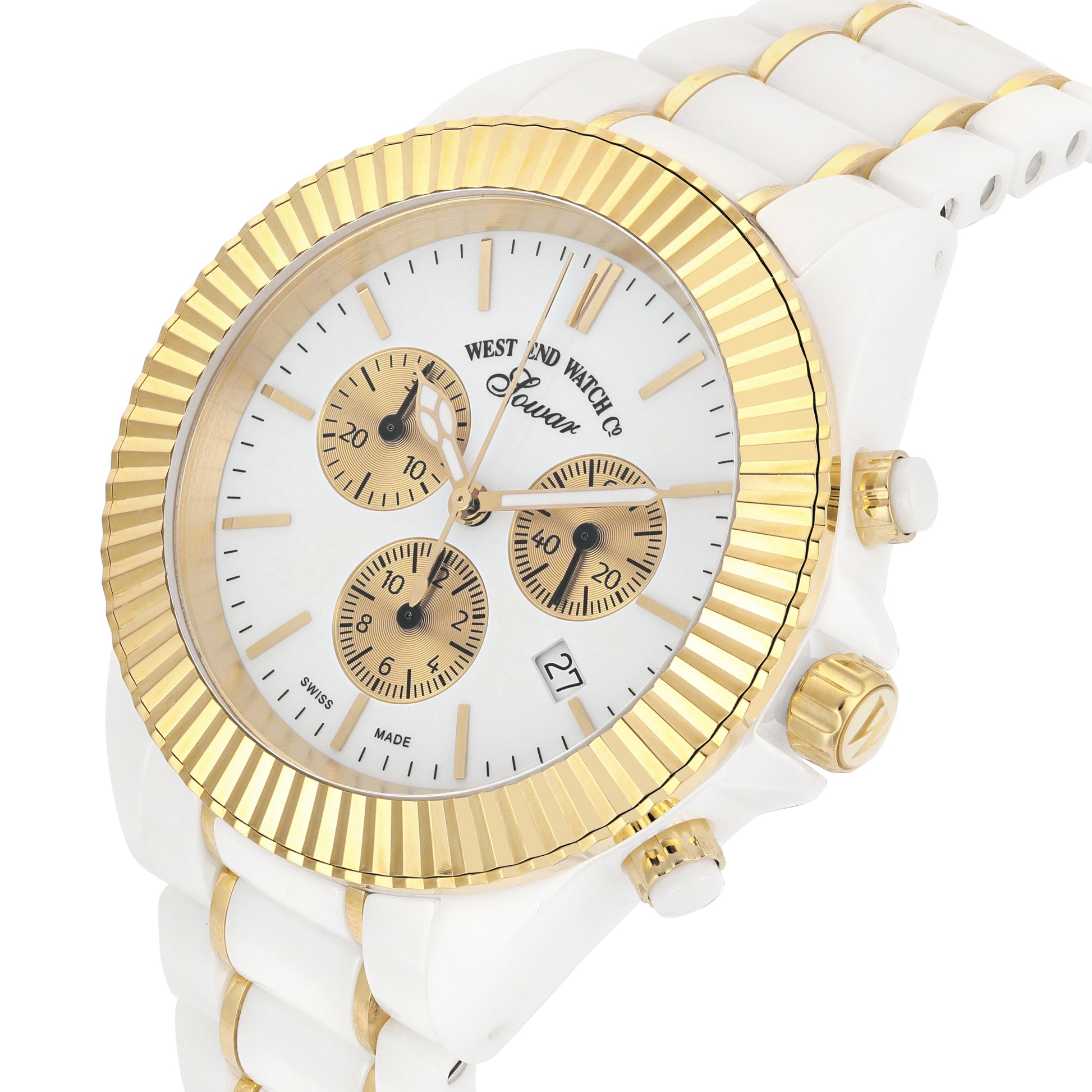 CERAMIC QUARTZ CHRONO - WHITE DIAL WITH GOLD INDICES