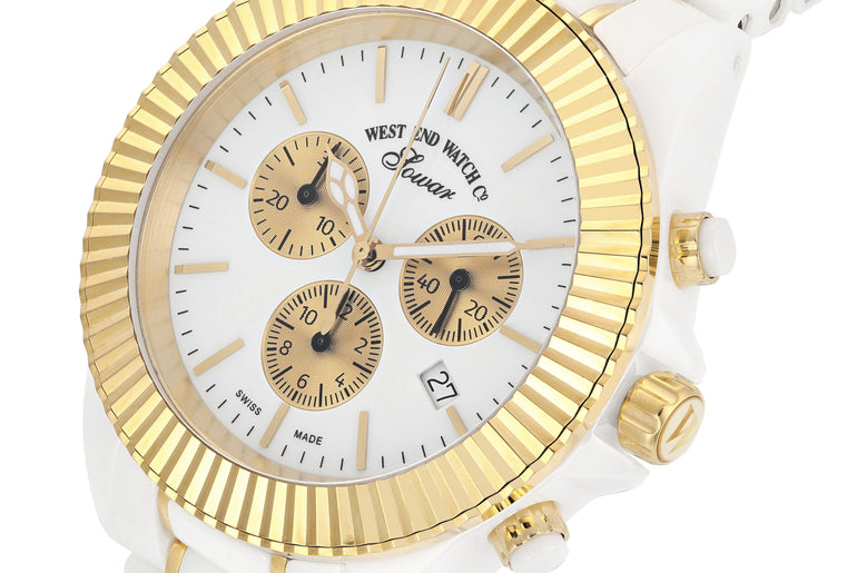 CERAMIC QUARTZ CHRONO - WHITE DIAL WITH GOLD INDICES