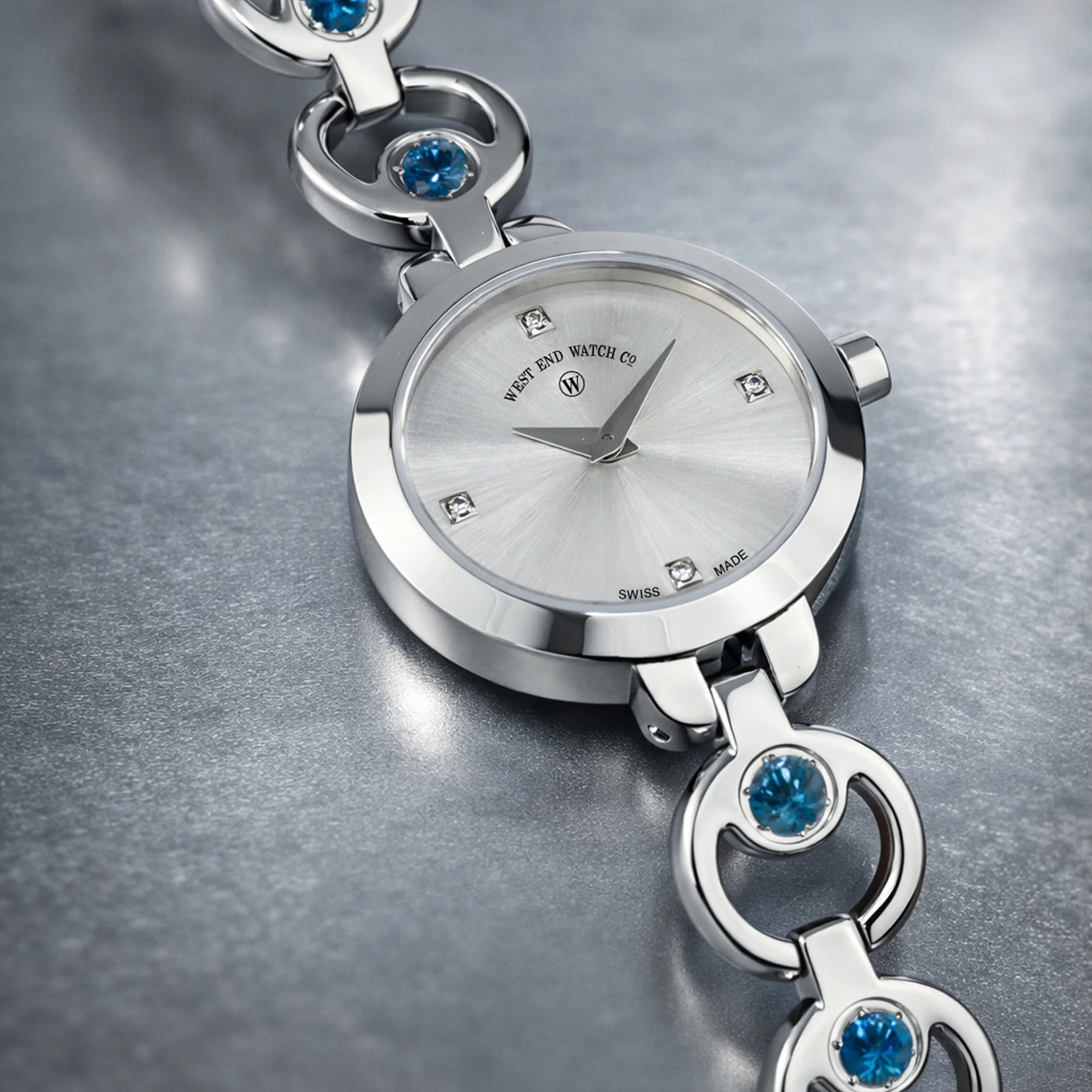 CHAND - SILVER SUNRAY DIAL WITH 4 DIAMONDS + LONDON BLUE TOPAZ