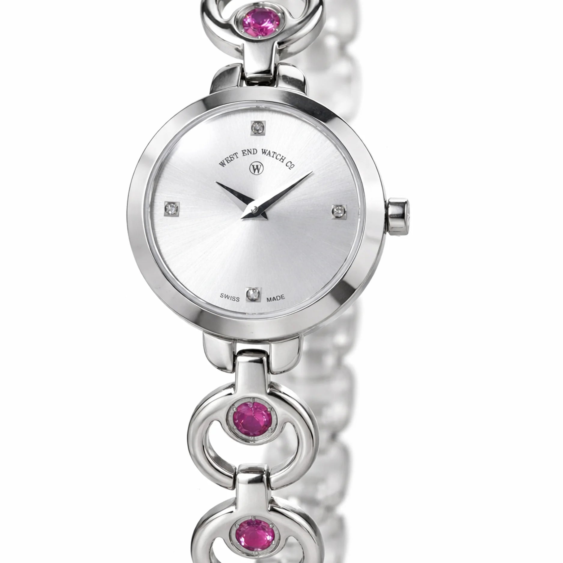 CHAND - SILVER SUNRAY DIAL WITH 4 DIAMONDS + 4 RHODOLITE GEMSTONES