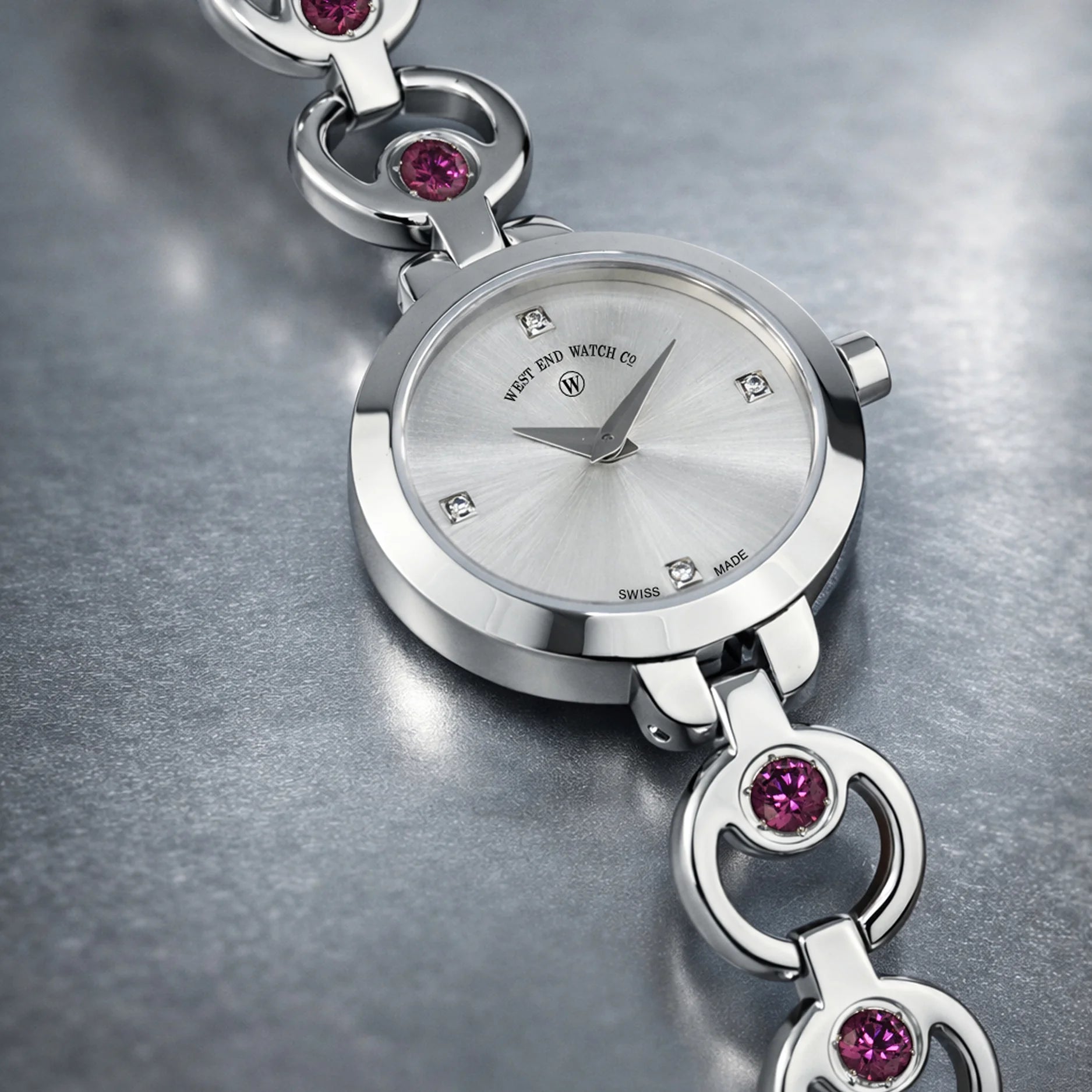 CHAND - SILVER SUNRAY DIAL WITH 4 DIAMONDS + 4 RHODOLITE GEMSTONES