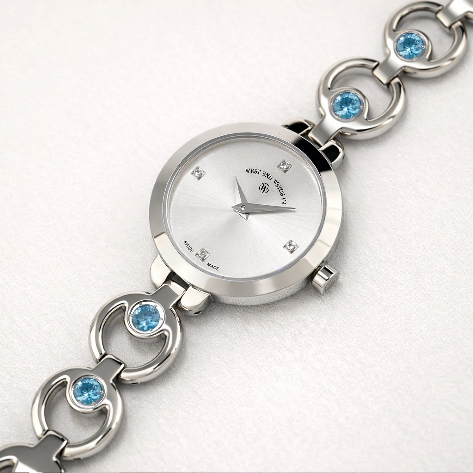 CHAND - SILVER SUNRAY DIAL WITH 4 DIAMONDS + SWISS BLUE TOPAZ