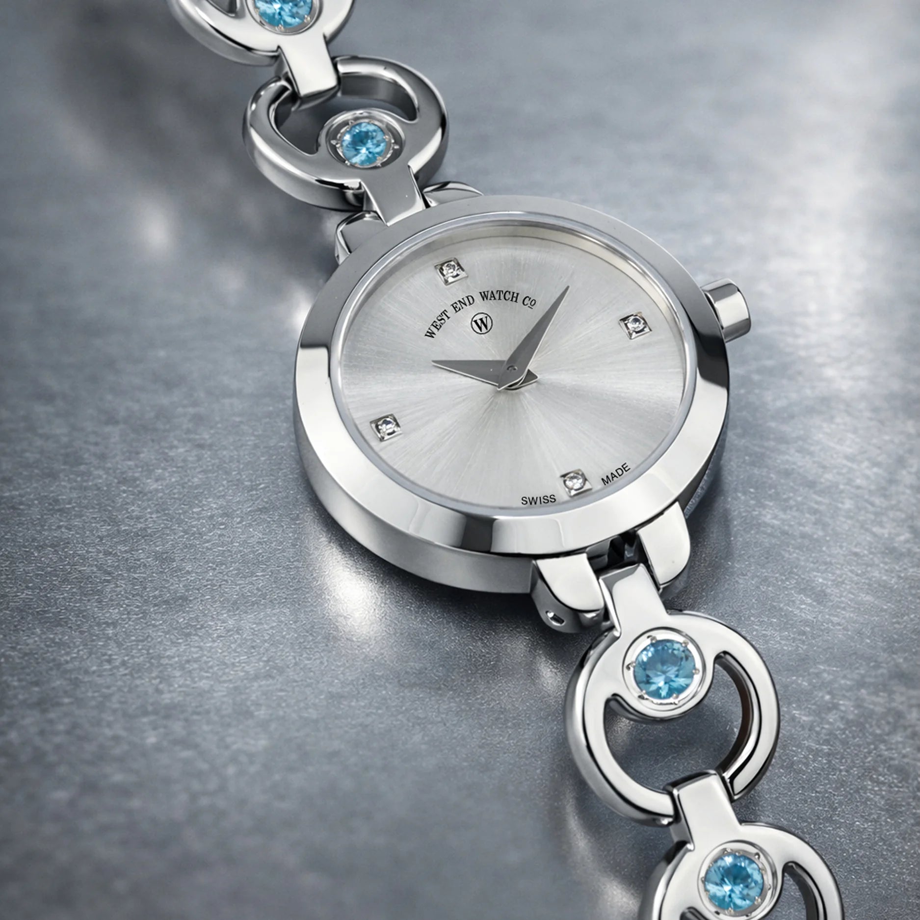 CHAND - SILVER SUNRAY DIAL WITH 4 DIAMONDS + SWISS BLUE TOPAZ
