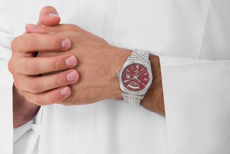 THE CLASSICS 41 - MAROON DIAL WITH STAINLESS STEEL INDICES