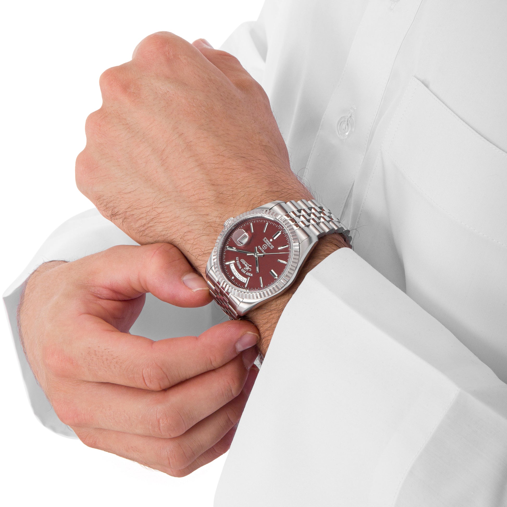 THE CLASSICS 41 - MAROON DIAL WITH STAINLESS STEEL INDICES