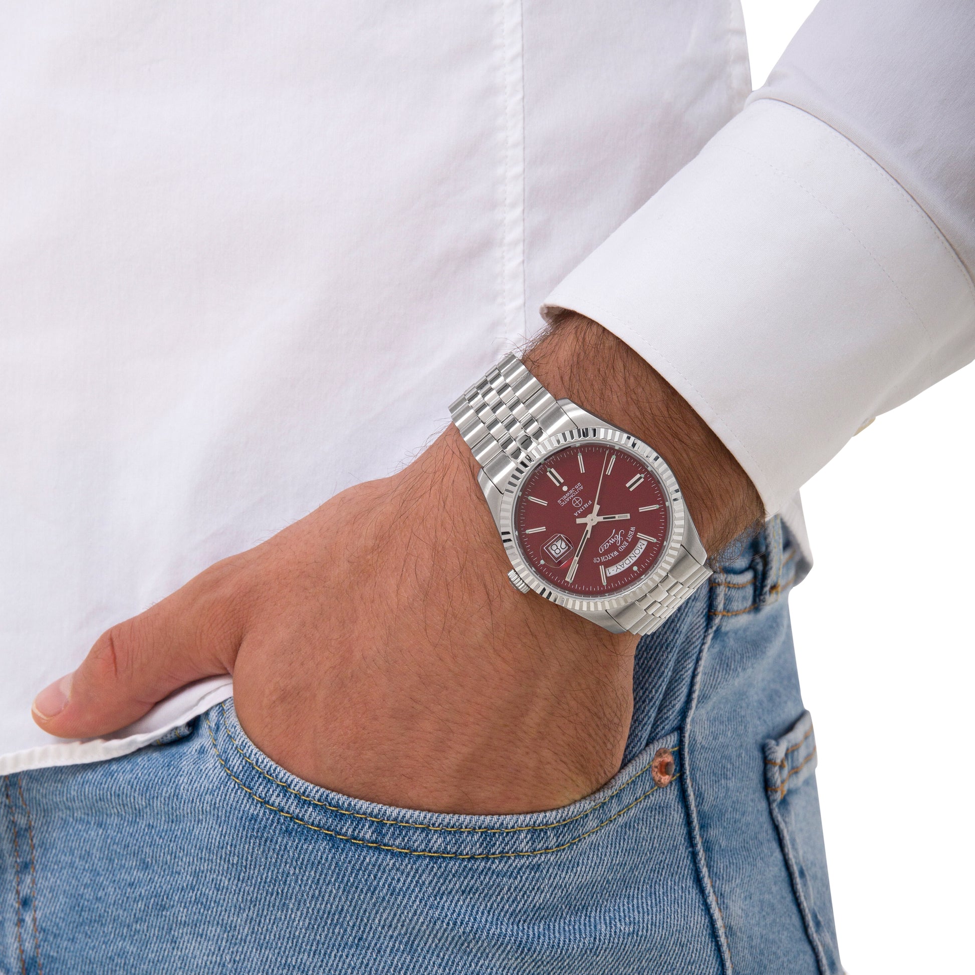 THE CLASSICS 41 - MAROON DIAL WITH STAINLESS STEEL INDICES