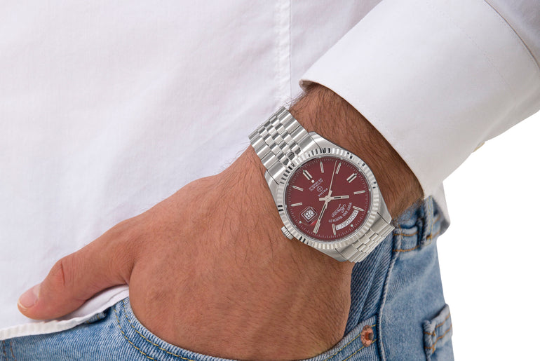 THE CLASSICS 41 - MAROON DIAL WITH STAINLESS STEEL INDICES